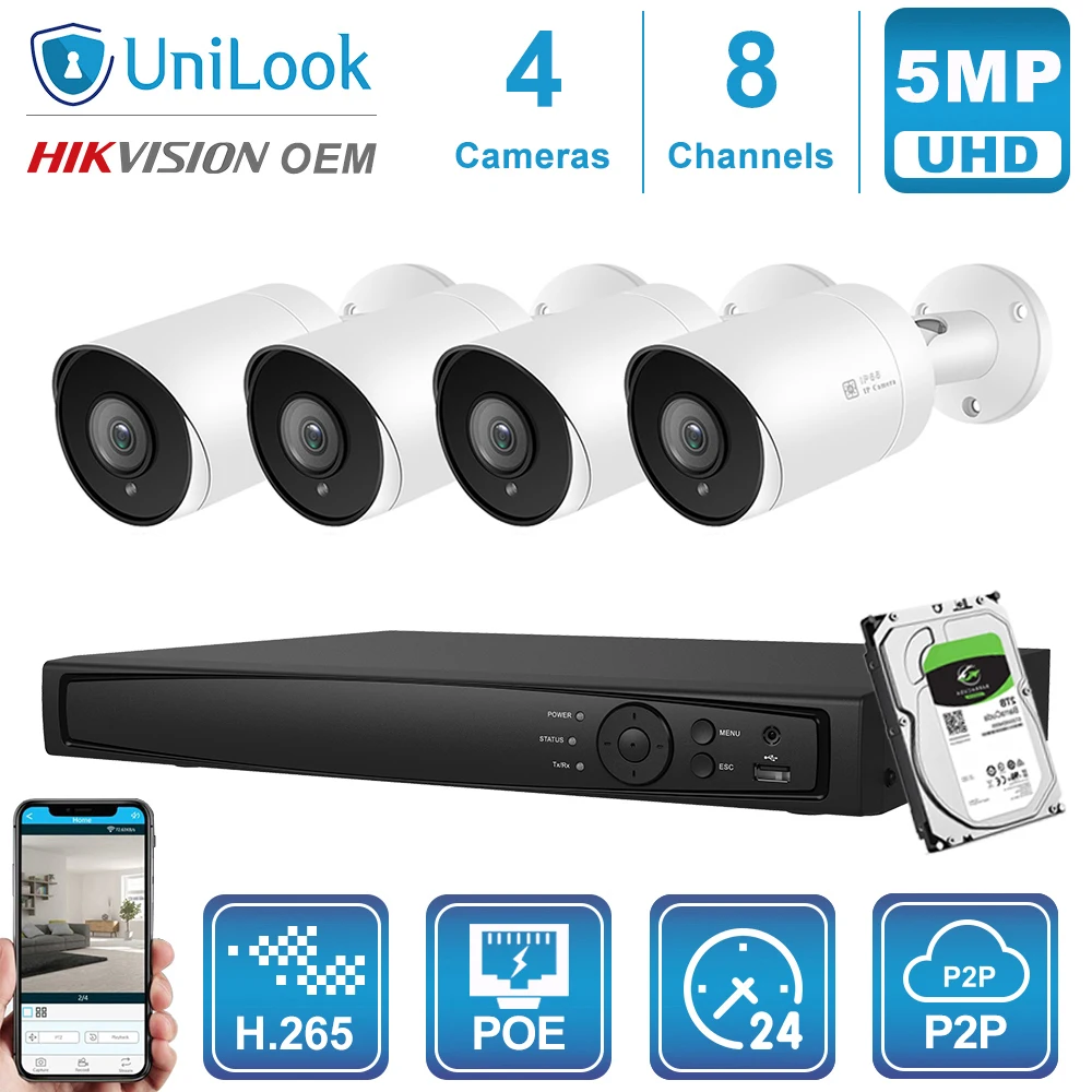 UniLook 8CH NVR 4/6/8 шт 5MP POE IP камера комплект уличная система безопасности ночное