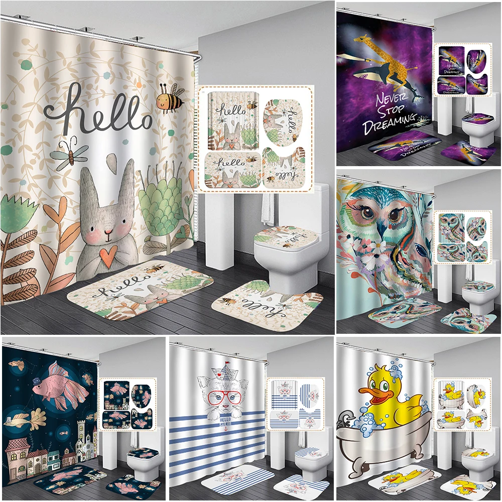 

Новая занавеска для душа с цифровым принтом мультяшных животных, водонепроницаемая занавеска для ванной комнаты с крючками, украшение для ...