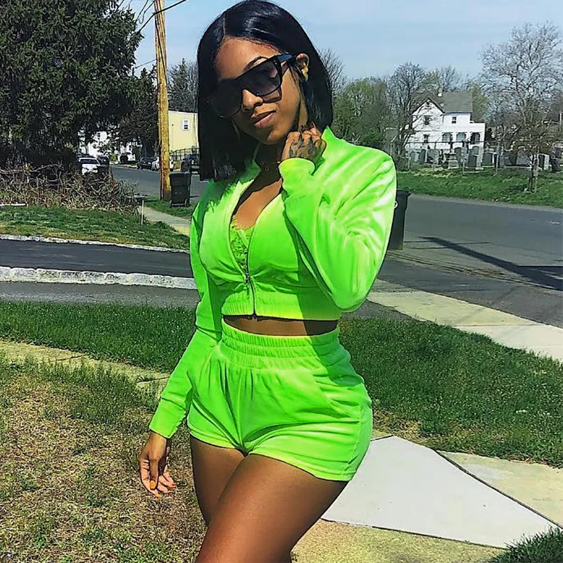 Неоновый зеленый черный бархатный спортивный костюм для женщин комплект из двух