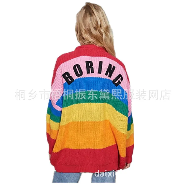 

Rainbow striped sweater boom bump color sweet cardigan sweater loose button your coat