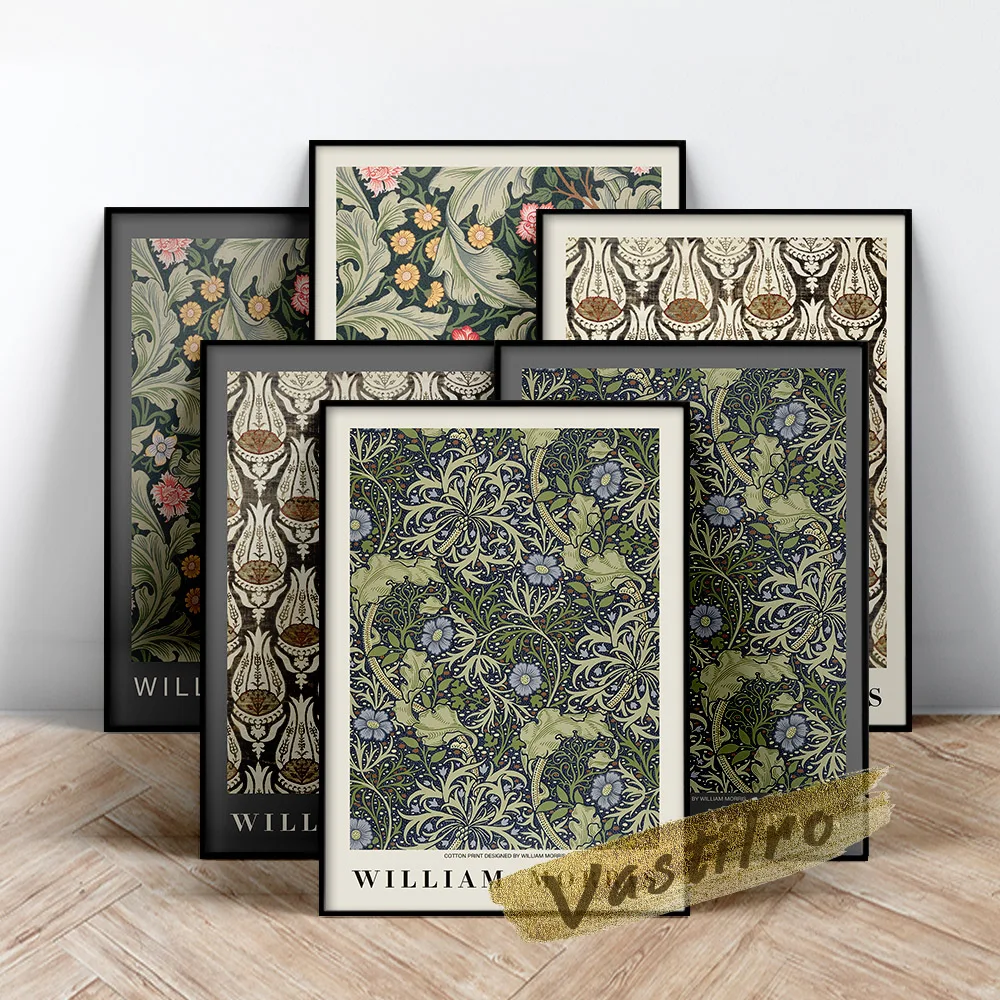 

William Morris Exhibition Museum Poster, Morris Seaweed Painting, Fabric Textured Background Wall Art, Retro Flower Leaf Prints