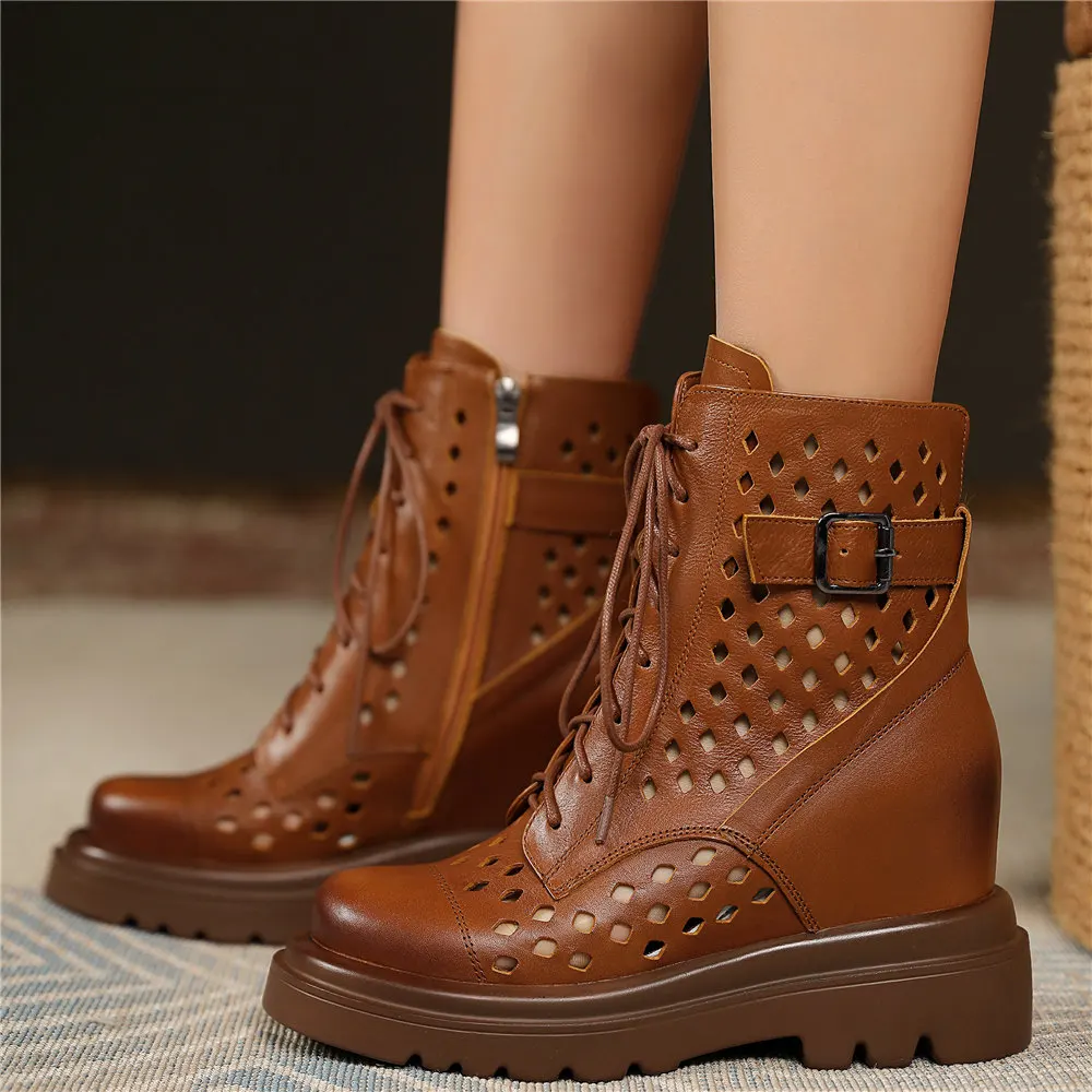 

Casual Shoe Women Lace Up Genuine Leather High Heel Pumps Female High Top Summer Fashion Sneakers Round Toe Platform Ankle Boots