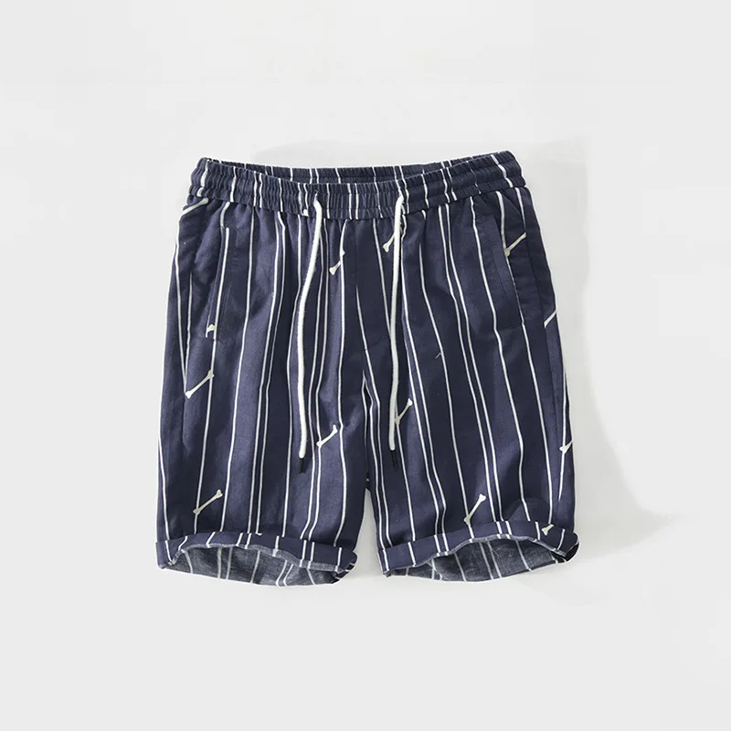 

K8009 Men Vertical Stripe Shorts Japan Style Fresh Casual Bone Printing Straight Flanging Elastic Waist Drawstring Loose Clothes
