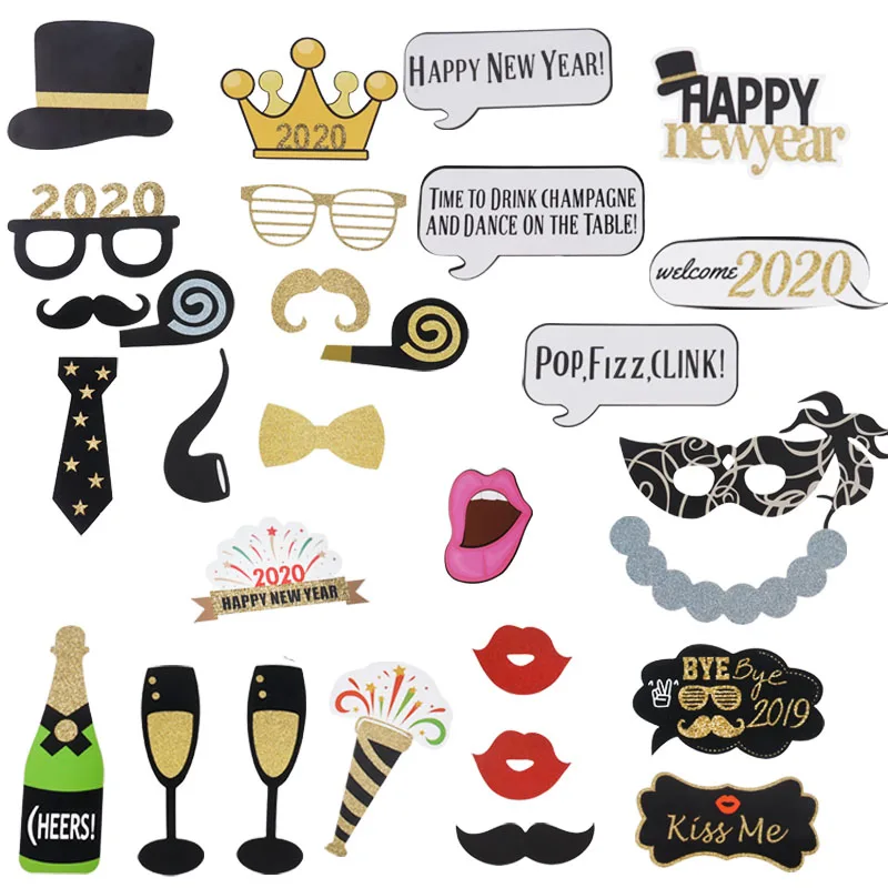 29pcs photo props Новинка года, украшение для фото, рамка, реквизит, воздушные шары, золотой черный баннер, гирлянда, Navidad, новогодние вечерние принадлежности - Цвет: 29pcs photo props