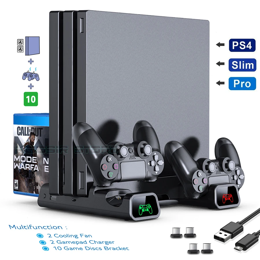 

PS4/ PS4 Pro/ PS4 Slim Console Vertical Cooling Stand Controller Charging Base 2 Cooler 10 Games Storage for Sony Playstation 4