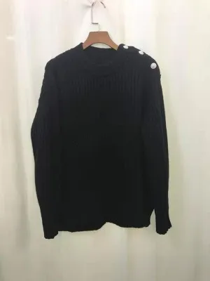 

Women's Solid Color Sweater Shoulder Button Split O-neck Long Sleeve Autumn Winter Pullover Top