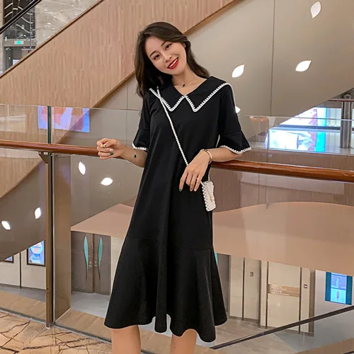 Летнее свободное Черное женское платье с коротким рукавом большие размеры