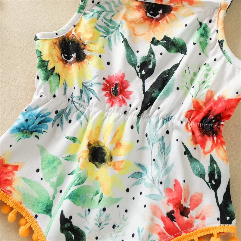 

Newborn Summer Outfits, Baby Girl Sleeveless Tie Up Flower Print Boat Neck Romper with Pompoms + Headband 2 Pcs