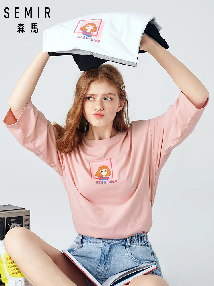 SEMIR свободная футболка для женщин Новинка осени 2019 из хлопка с принтом девочек