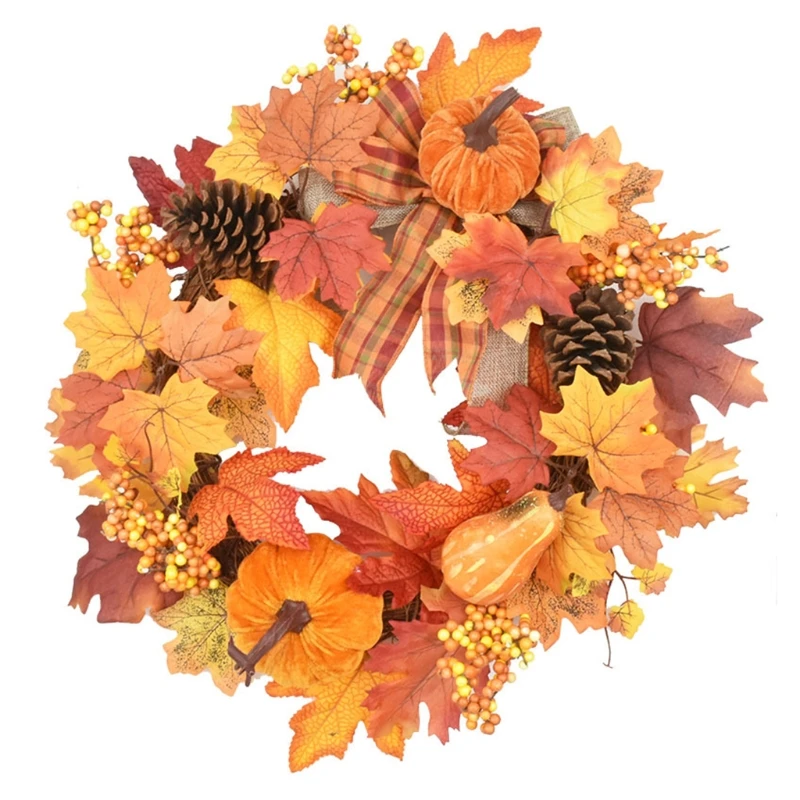 

20 Inch Autumn Wreath Artificial Maple Leaf Berries Pumpkin Fall Garland Hanging Ornaments Halloween Thanksgiving Home Decor