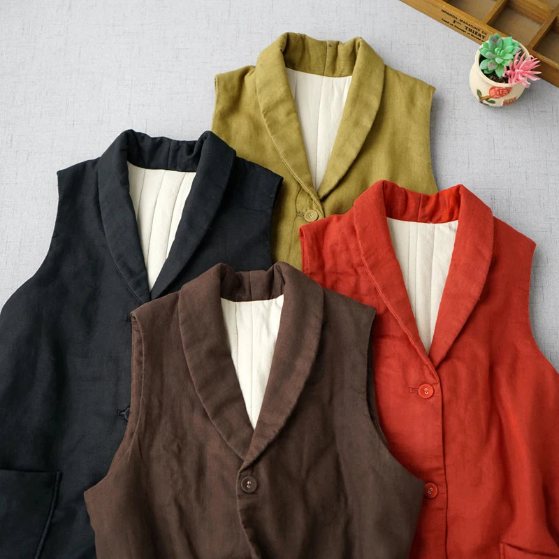 

Autumn Winter Women Casual All-match Loose Japanese Style Brief Comfortable Water Washed Linen Cotton Padded Vests Coats