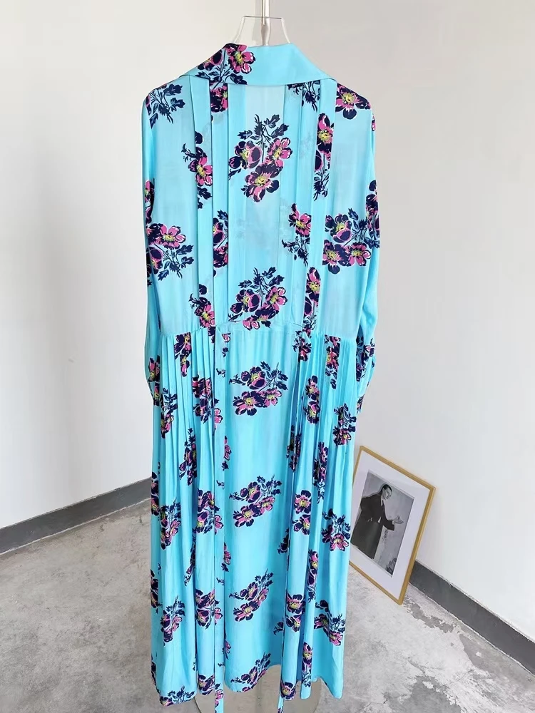 

100% Viscose Floral Maxi Dress Women's Turn-down Collar Long Sleeve Pleated Single Breasted Long Dresses
