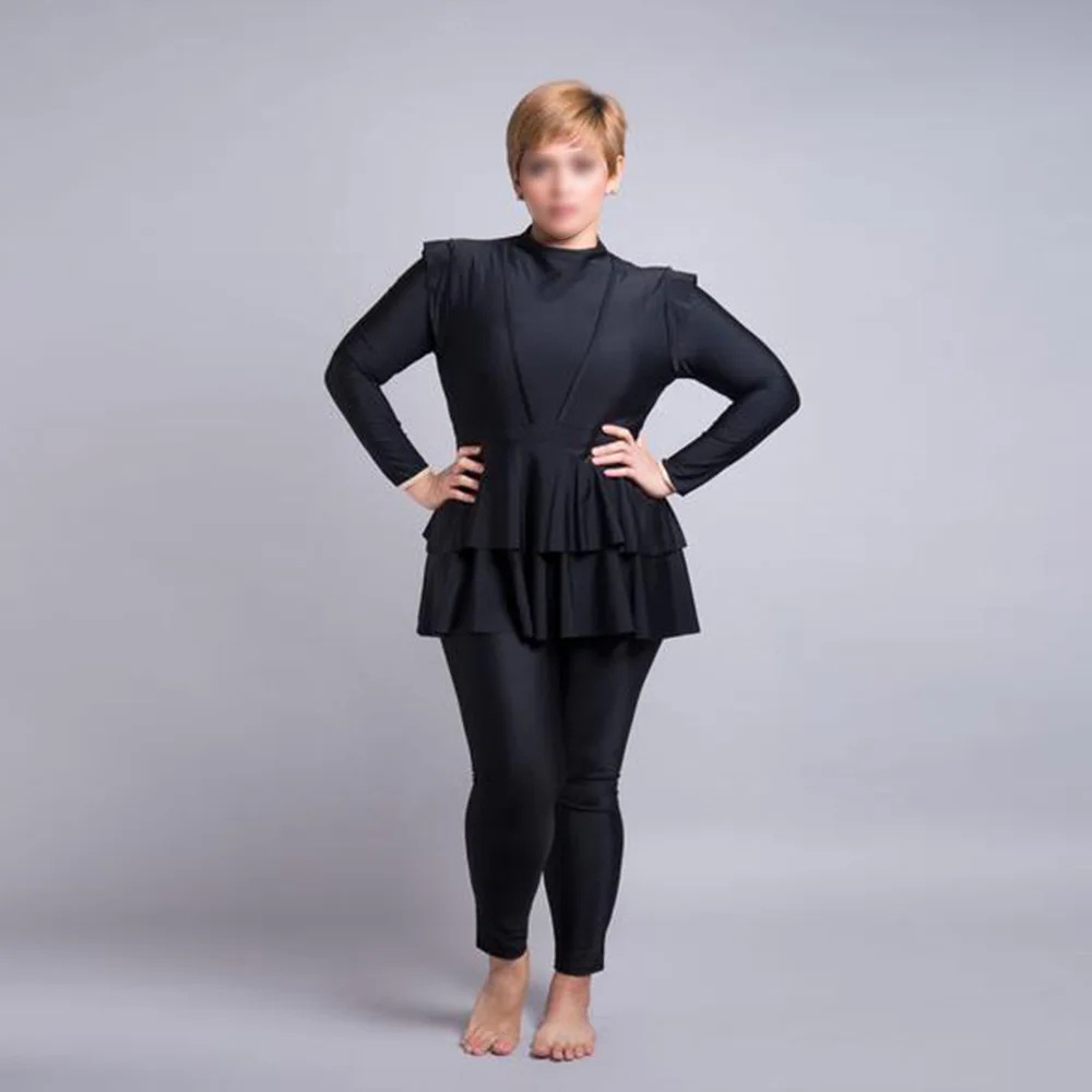 Black Ruffle Muslim Swimwear Burkini 3pcs with Bra Padding Patchwork Hijab Long Sleeves Sport Swimsuit Islamic Wear Bathing Suit | Спорт и