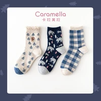 2020 caramella new pattern 3pairslot autumn women socks funny cartoon dear long socks navy gride short socks sweet cotton socks