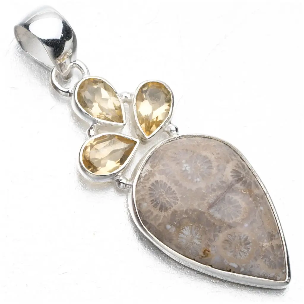 Кулон из натурального коралла и цитрина в стиле панк 925 пробы серебряный 2 дюйма