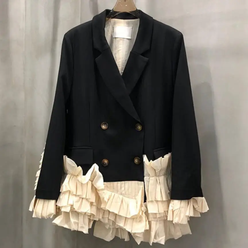 

Женский офисный блейзер с длинным рукавом, плиссированный небольшой костюм с отложным воротником и оборками