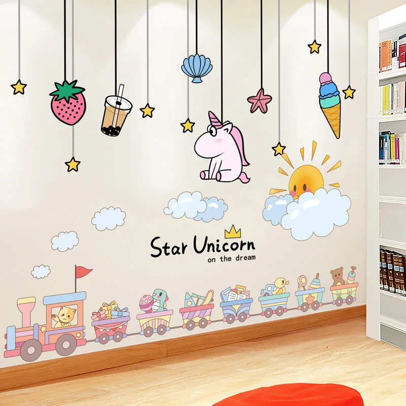 

Toys Train Wall Stickers DIY Cartoon Stars Unicorn Wall Decals for Kids Rooms Baby Bedroom Children Nursery Home Decoration