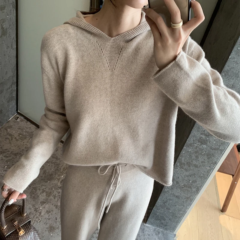 Женский спортивный костюм из двух предметов шерстяной пуловер с капюшоном и