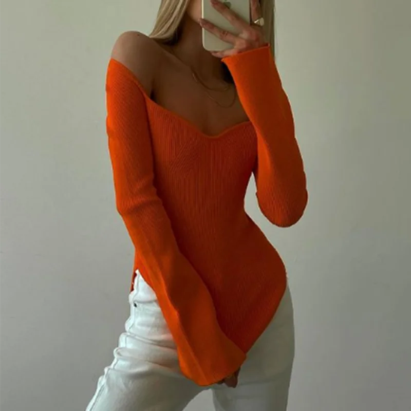 ZOEPO сексуальный v-образный вырез Однотонный свитер для женщин модная вязаная