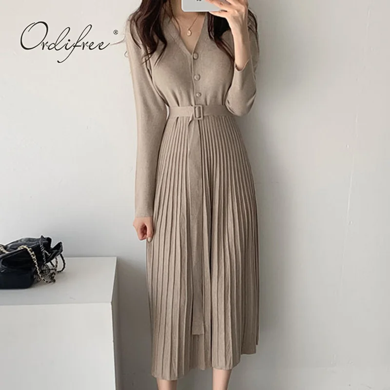 Женское трикотажное плиссированное платье Ordifree элегантное винтажное
