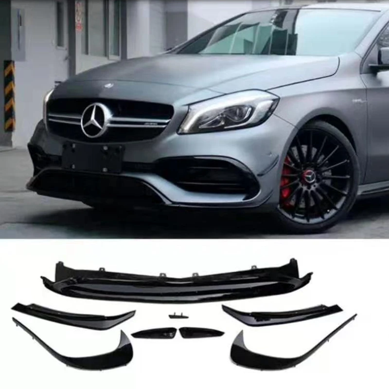 

For Benz W176 A200 A250 A45 AMG Hatchback Sport 2016-2018 Gloss Black Front Bumper Lip Spoiler Splitters Canards Vents 8Pcs