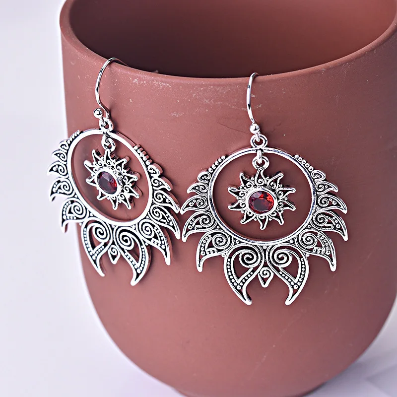 

925 Silver Sunflower Ruby Earrings Engagement Party Wedding Earrings Lady Earrings Thai Silver Earrings Vintage Earrings Jewelry