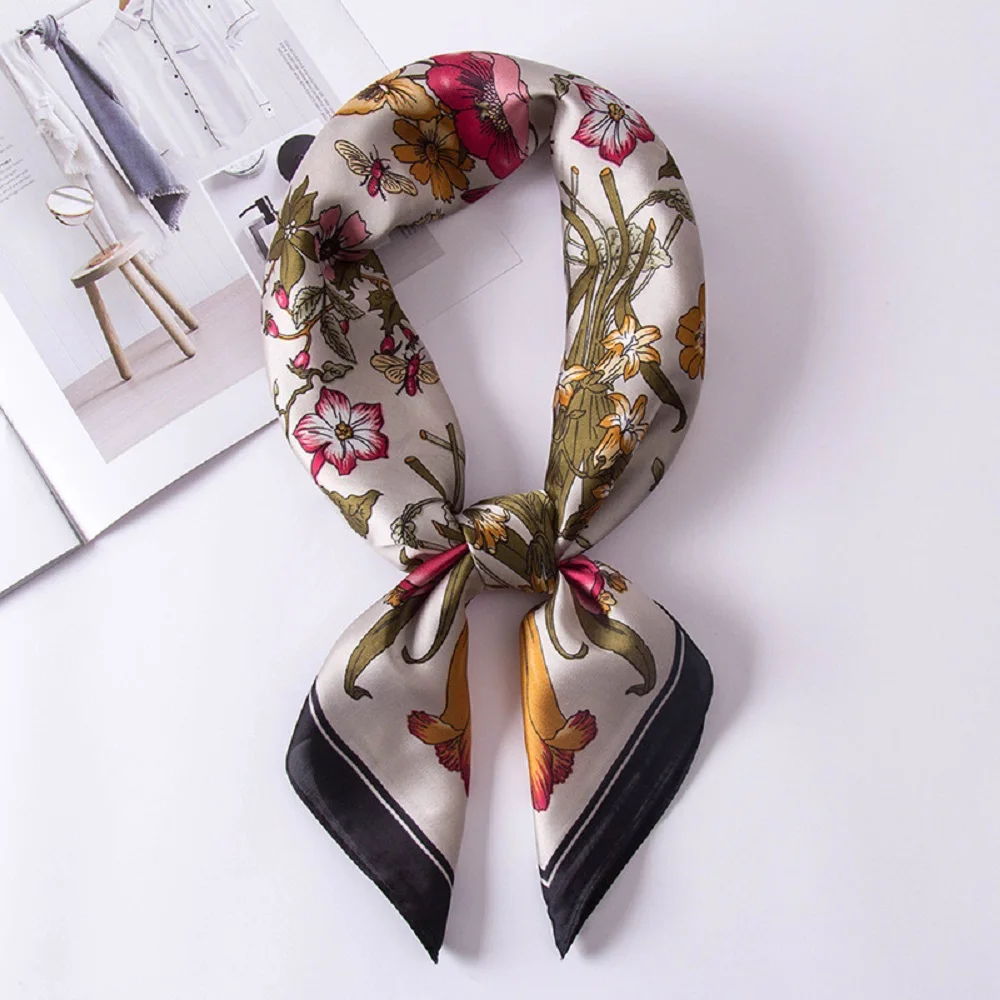 

70*70cm Women Girls Scarf Fashion 2020 Flower Print Silk Scarves Square Small Handkerchief Office Neck Hair Scarfs
