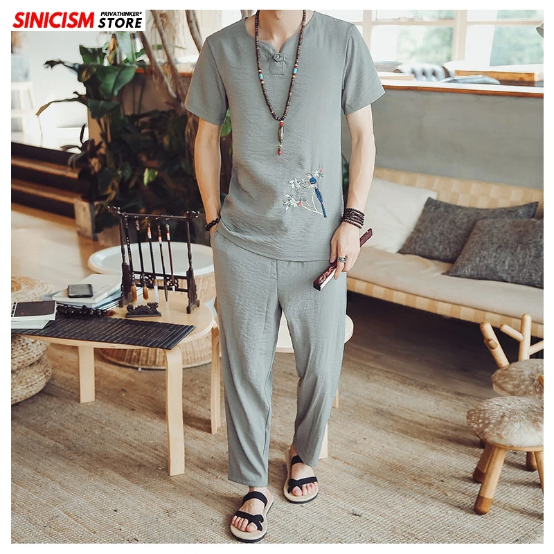 Sinicism Store мужской летний спортивный костюм с вышивкой 2020 мужские льняные шорты