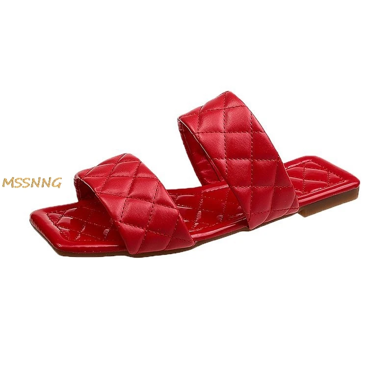 

Women's New Summer Slipper Fashion Square Toe Flats Shoes Outside Solid Candy Color Women's Slippers