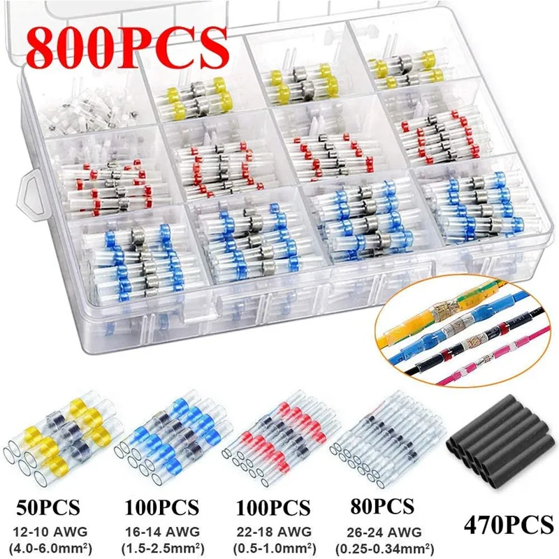 

800/300/250Pcs Heat Shrink Butt Crimp Terminals Waterproof Solder Seal Electrical Butt Connectors Wire Cable Splice Terminal Kit