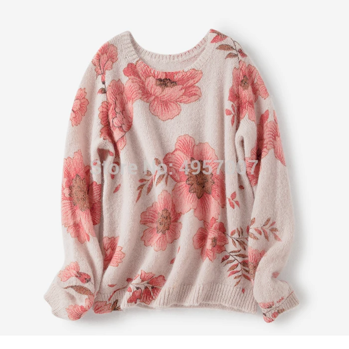 Мохеровый джемпер Для женщин розового цвета шикарный цветочный с круглым