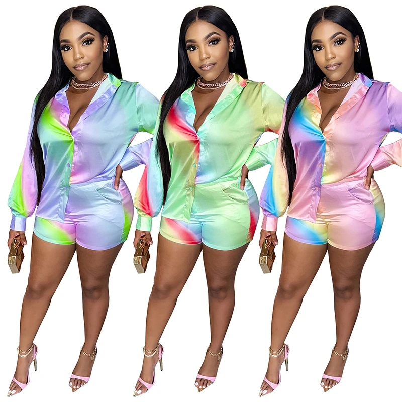

Спортивный костюм из двух предметов с принтом Tie Dye, осенняя шелковая рубашка с длинным рукавом и отложным воротником на пуговицах и шорты ми...