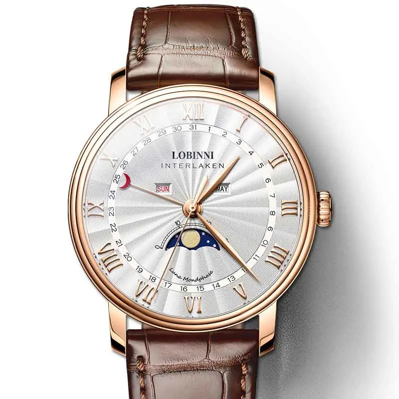 Rose Brown Leather LOBINNI Роскошные Брендовые мужские часы сапфир водонепроницаемый Moon Phase кварцевые часы мужские кожаные reloj hombre календарь horloges mannen - Цвет: Rose Brown Leather