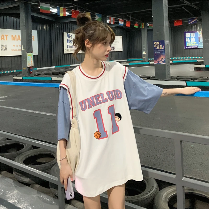 

Women's Fashion Cotton T-shirt Harajuku Oversized Tee New Basketball Vest with Short Sleeve T-shirt Fake Two Piece