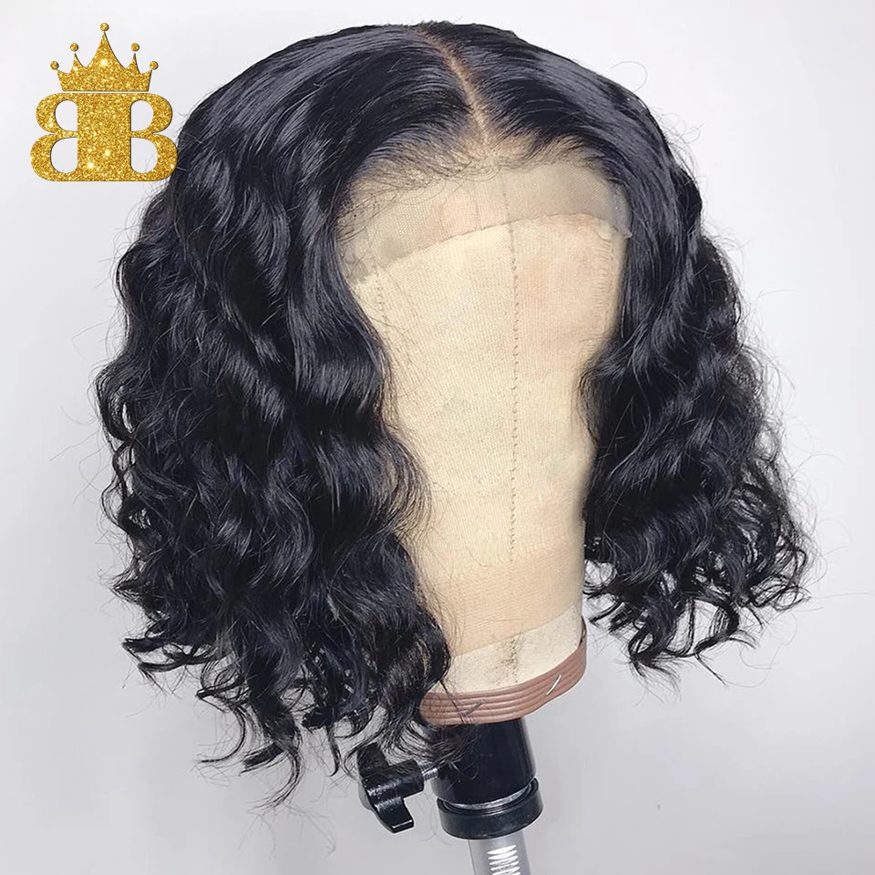 Бразильские волосы Remy Короткие Волнистые 150 плотность 4*4 закрытие шнурка человеческие волосы парики для черных женщин боб парик предварительно выщипанные натуральные волнистые волосы