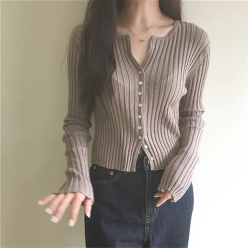 

Женский трикотажный свитер, повседневный однотонный облегающий Топ с длинным рукавом и вертикальным узором, в Корейском стиле, осень 2020