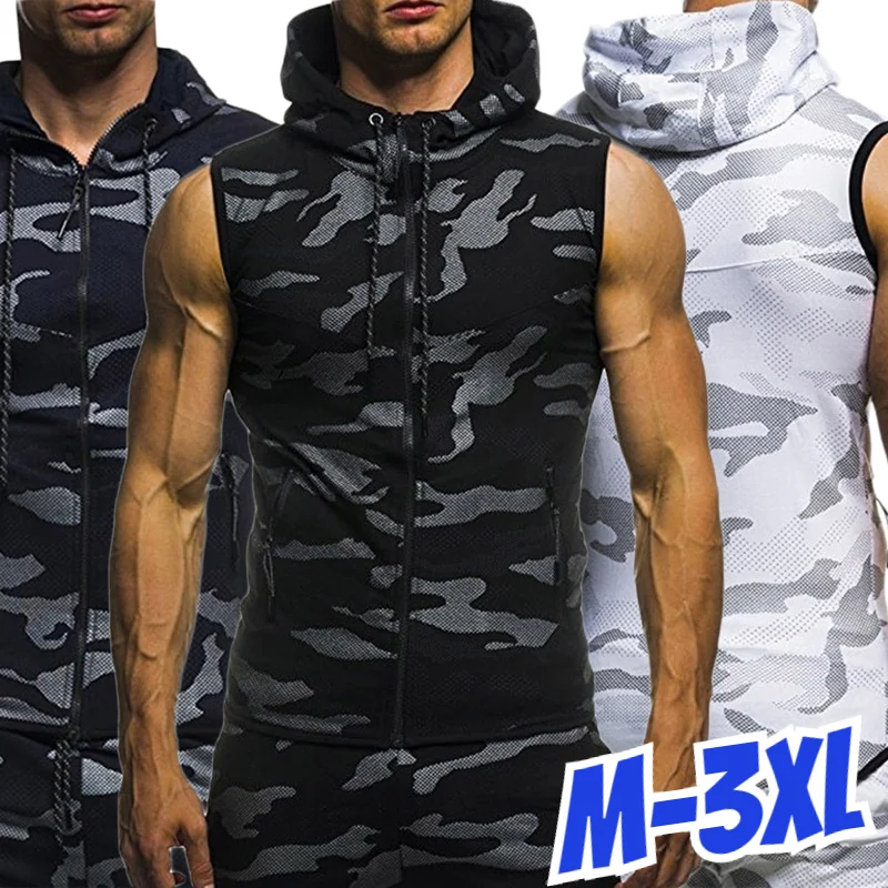 New Men Bodybuilding Tank Tops Sleeveless Hoodies Man Casual Camouflage Hooded Vest Male Camo Clothing