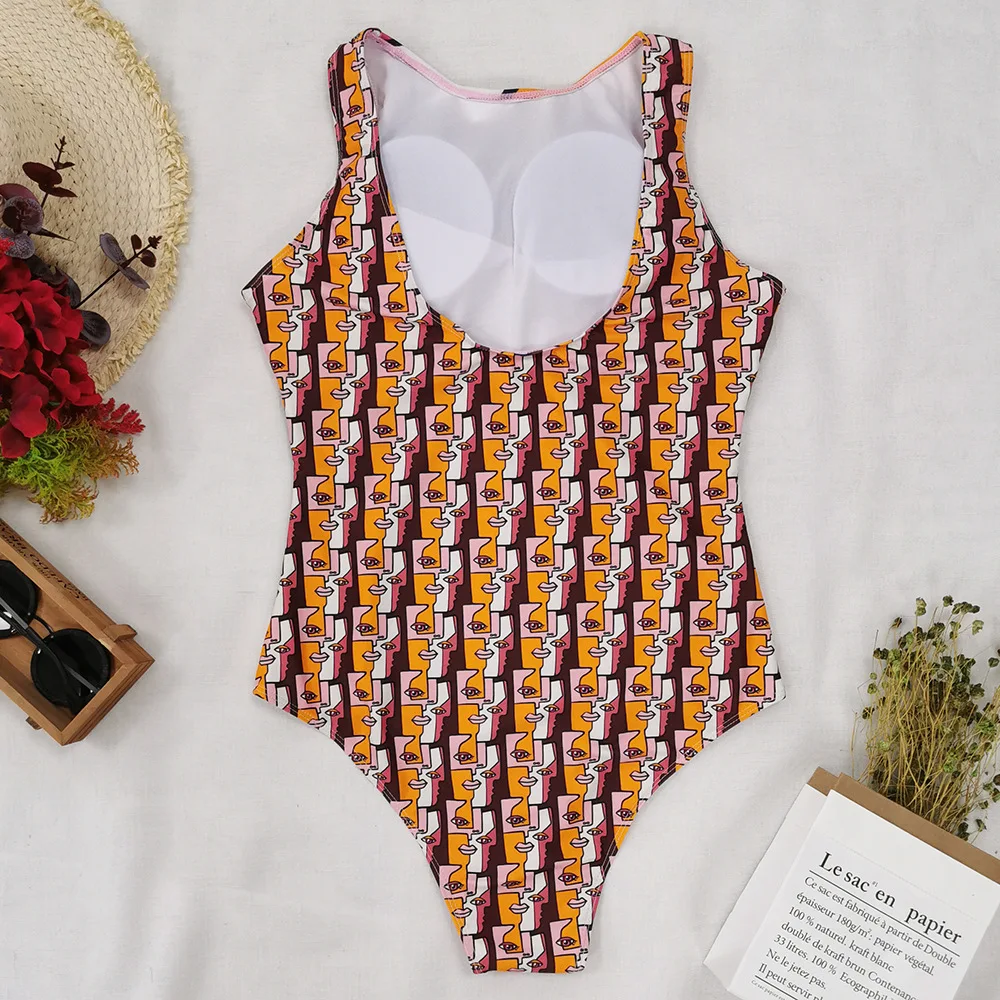 Alinyin Summer Costumes 2021 New Integrated Bikini Personalized Abstract Printing Swimsuit Women's Sleeveless Underwear Set
