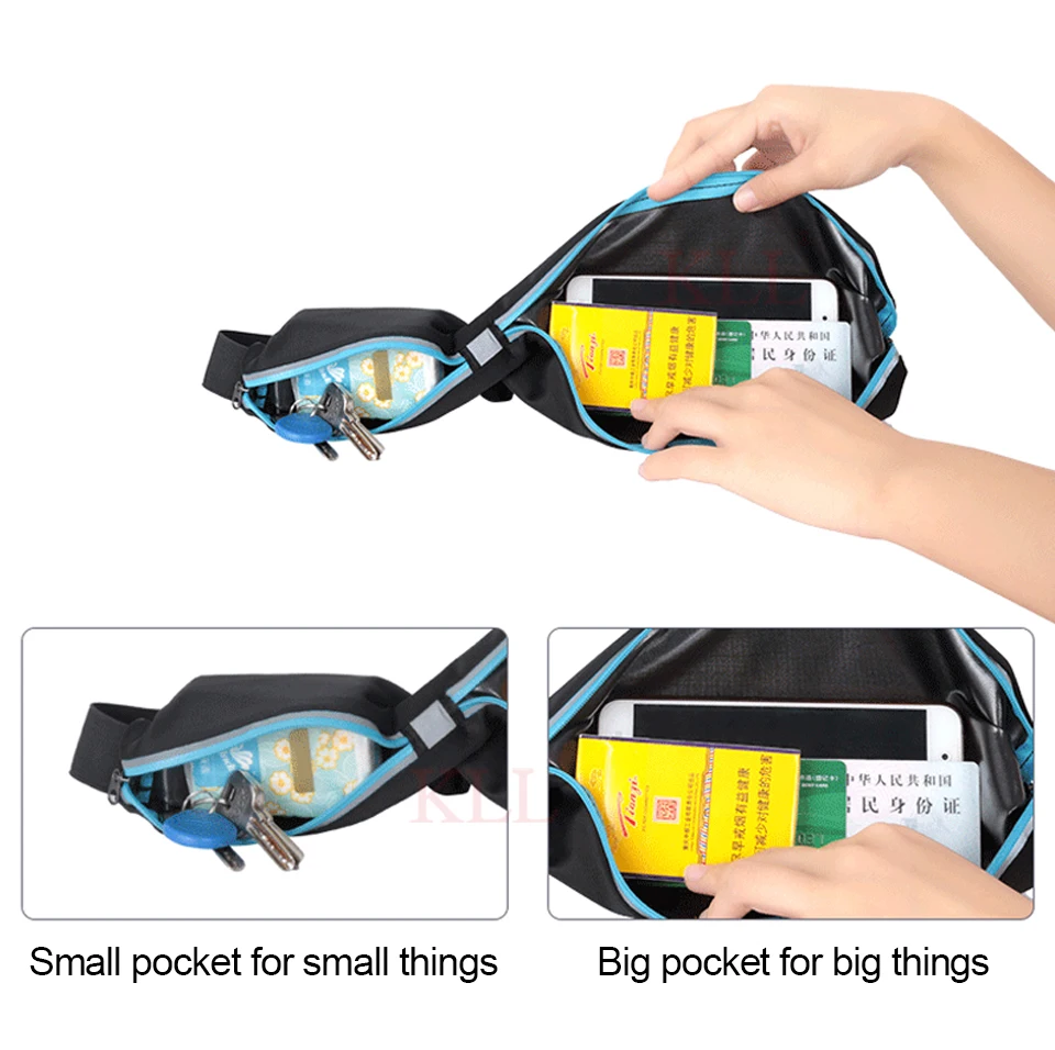 Sports Running Belt Slim Waist Pocket Belt Outdoor Dual Pouch 2 Pockets Sweatproof Reflective Waist Pack Fitness Workout Bag