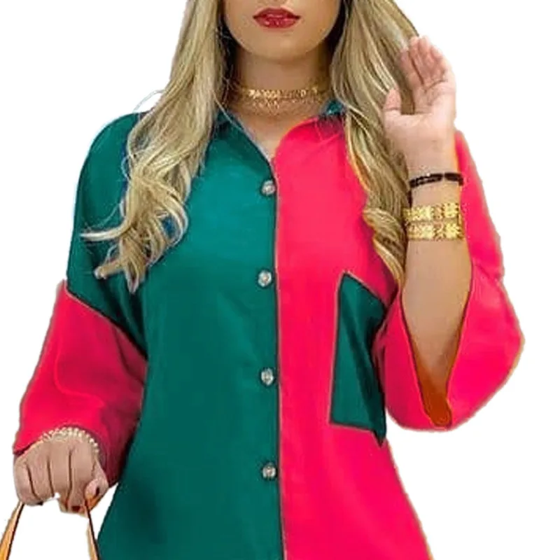 

2021 European and American New Mid-Waist Dress Printed Elastic Hip off-Neck Pocket Button Contrast Color Dress