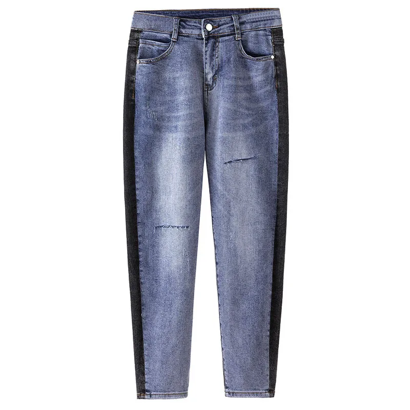 

The New Women Loose Small Foot AB Face Jeans Fashion Joining Together Stitching Hole Pants 2021