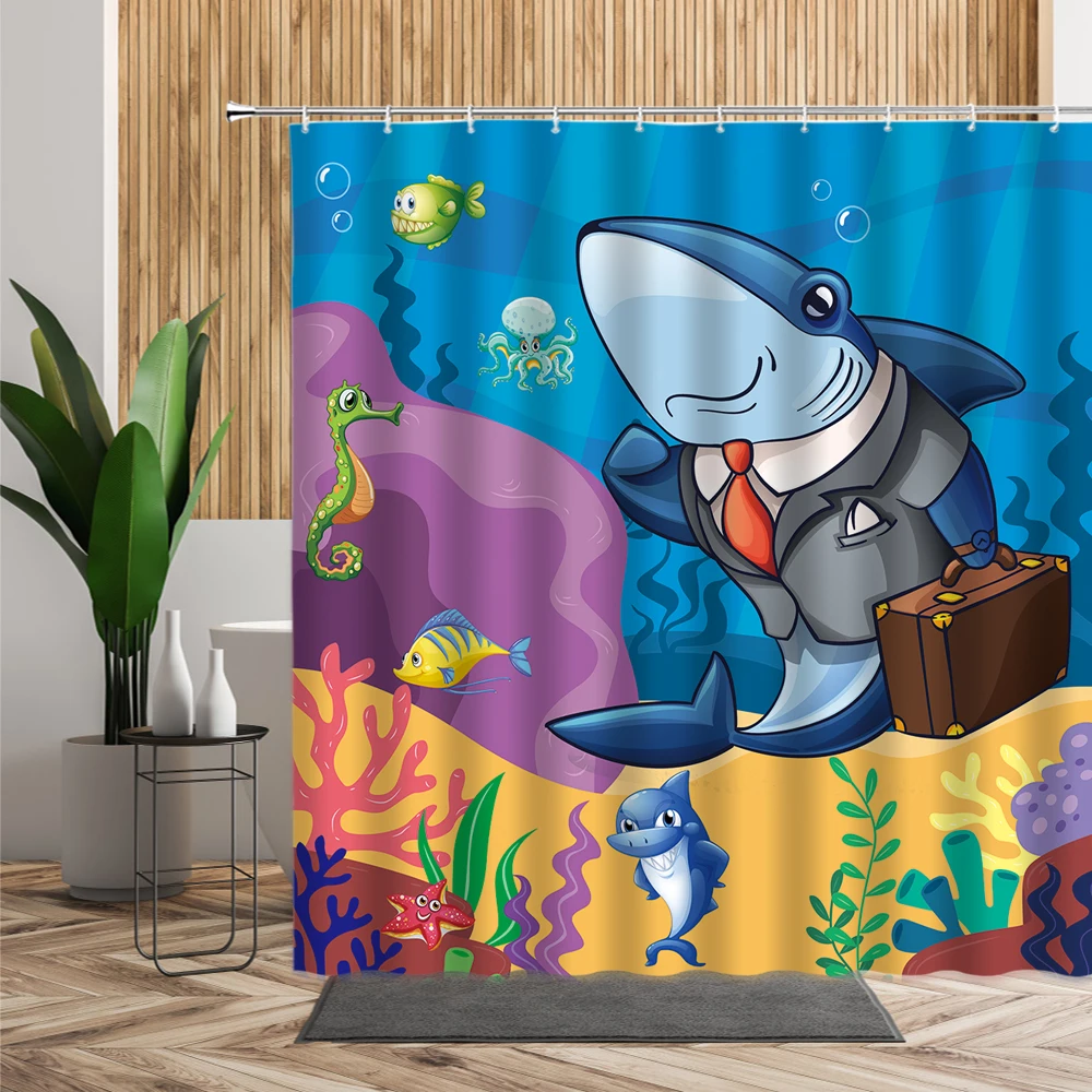 

3D Cartoon Ocean World Children Shower Curtain Octopus Illustration Poster Bathroom Decoration Screen Waterproof Bath Curtains