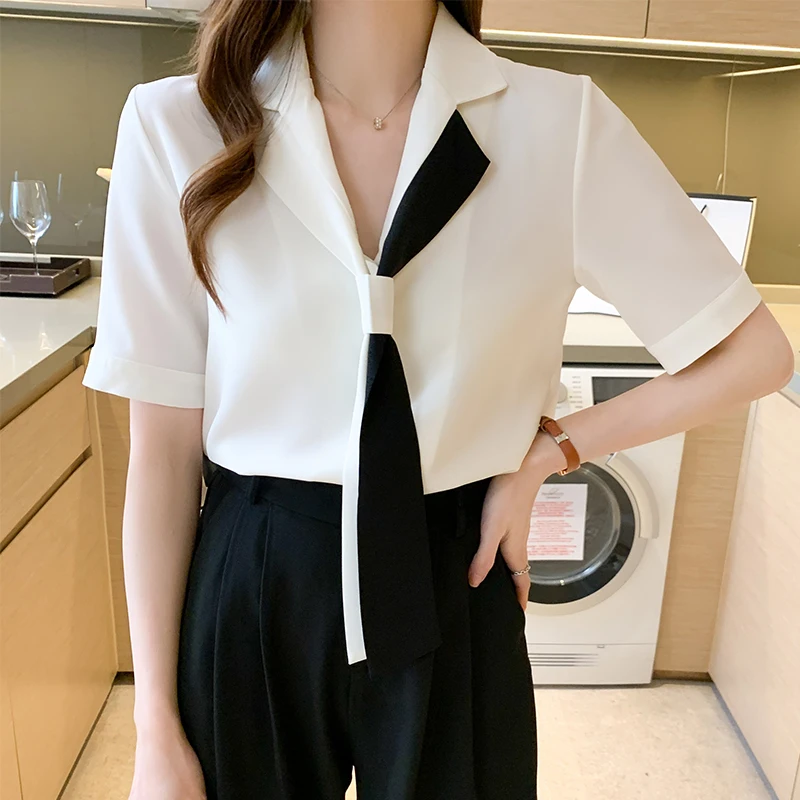 

Женская шифоновая блузка с коротким рукавом, белая офисная блузка с галстуком, Свободный Топ на лето, 2021