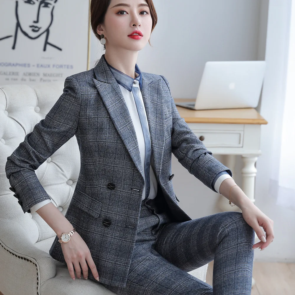 Клетчатые брюки костюм размера плюс элегантные комплект для офиса Дамский стиль