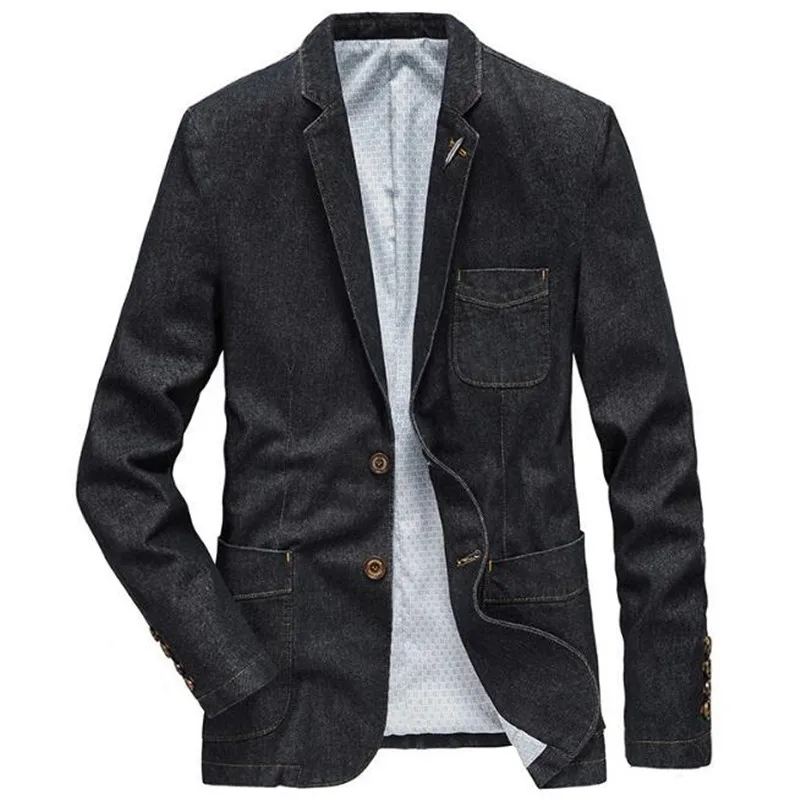 Cotton Men Denim Suit Jacket Single Breasted Pockets Blue Casual Street Male Outwear Slim Man Cowboy Blazer