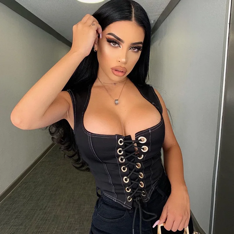 

STYLISH LADY Lace Up Denim Crop Top 2020 Spring Summer Women Sleeveless Skinny Bandage Hollow Out Club Street Short Tank Tops