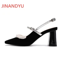 pearl high heels mules shoes women sandals pointe toe block heels for party sandals women summer fashion shoes high heel new