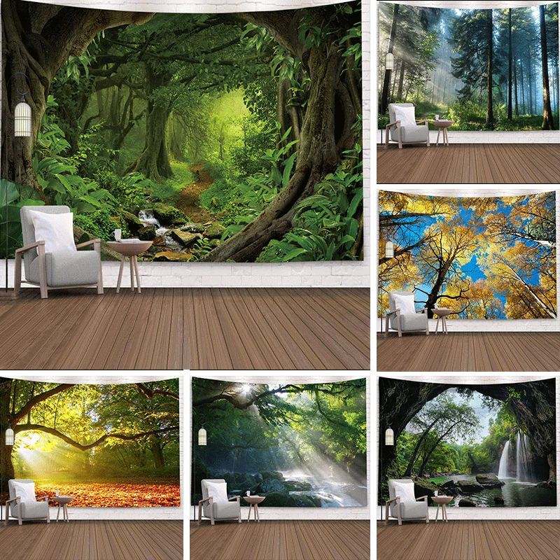 

Forest Background Tapestry, Landscape and Waterfall Scenery Wall Hanging, Beach Towel, Carpet, Camping Travel Sleeping Mat
