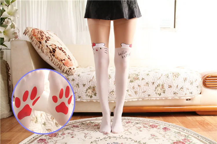 Японские Синдзюку праздник колена печать, шелковые носки hello kitty татуировки с котами, носки, зеленый отдых, высокие колготки