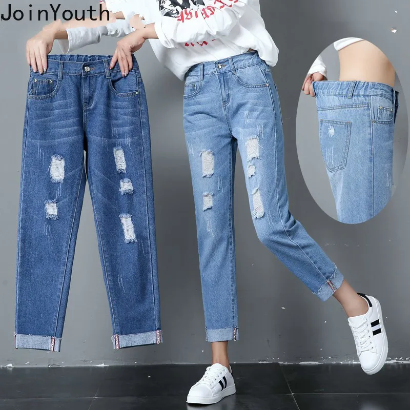 JoinYouth/однотонные джинсы с дырками и высокой талией эластичные большого размера